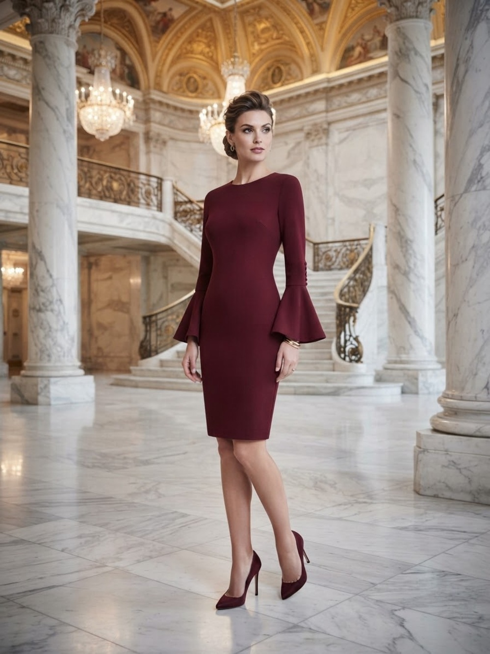 Calvin Klein Burgundy Bell-Sleeve Midi Sheath Dress
